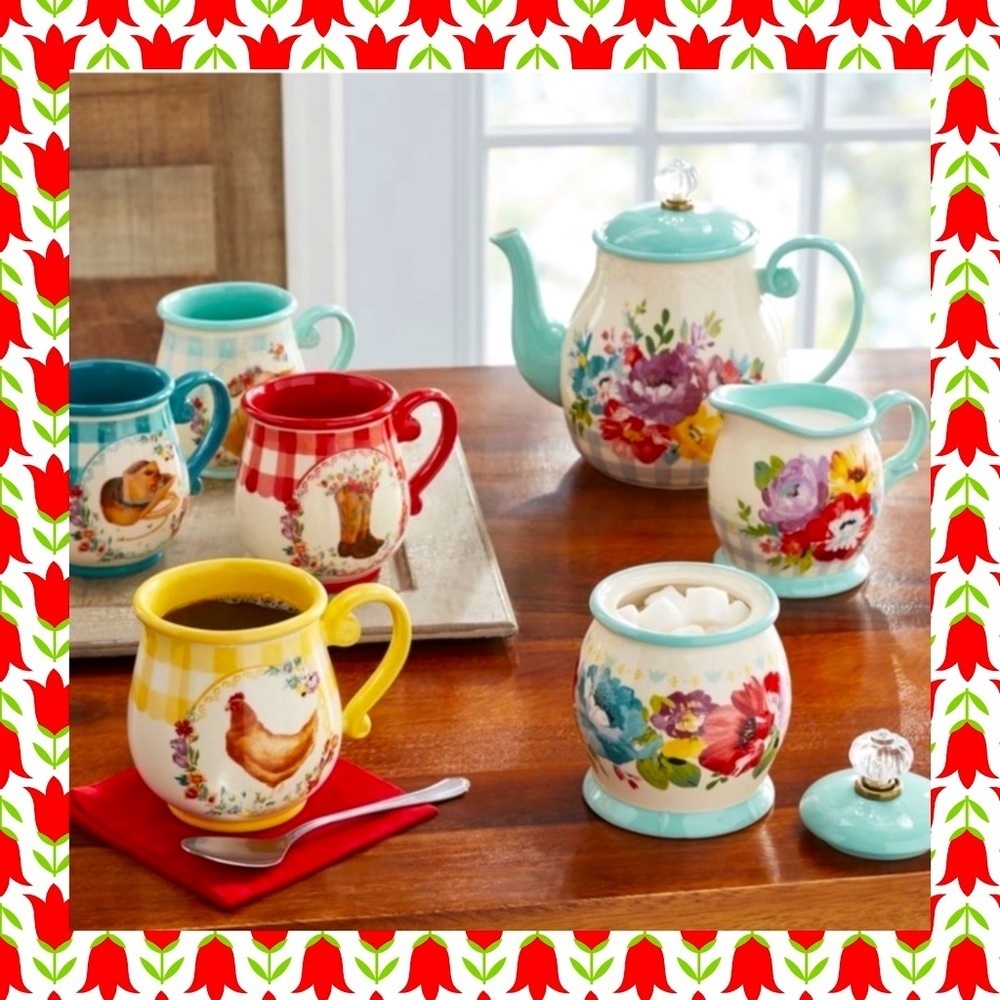 🌺New Pioneer Woman Sweet Romance 9-Piece Stoneware Novelty Mug Hot Tea Set